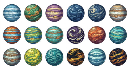 Collection of twenty unique illustrated planets with swirling textures and colors. © akagami