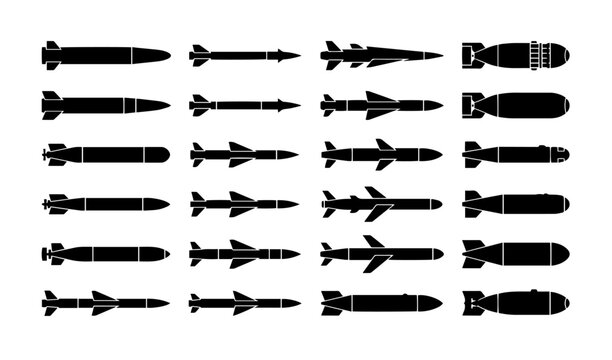 Missile and rocket silhouette vector set with military and defense icons.