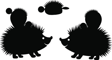 Silhouettes of cute hedgehogs carrying apples and mushrooms on their backs isolated on white background for autumn design © rehna