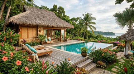 Fototapeta premium Stunning tropical retreat exterior with natural thatch roof and luxury infinity pool, serene landscape featuring lush gardens and ocean view in a tranquil, sunny island paradise getaway setting.