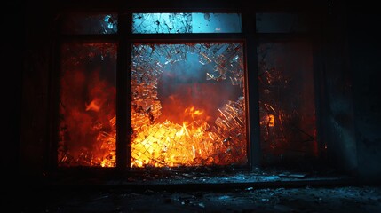Fototapeta premium Intense orange flames erupt behind a shattered glass window frame creating a dramatic scene with dark shadows and bright light