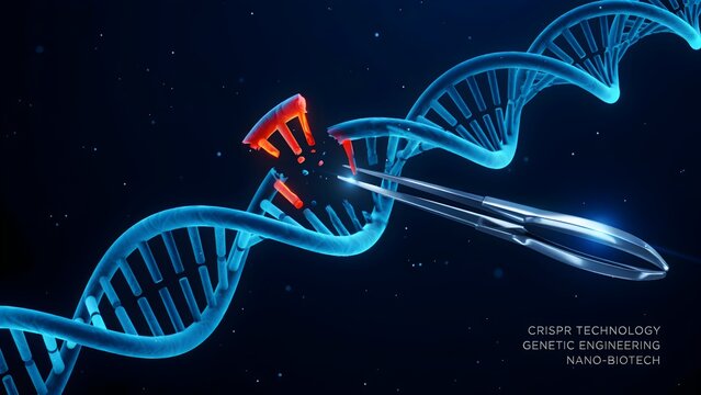 A double helix deoxyribonucleic acid strand with surgical forceps a 3d rendering against a dark blue background dna genetic code genome molecular