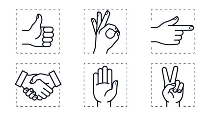 Fototapeta premium Set of Hand Gestures Icons: Thumbs Up, OK, Pointing, Handshake, Stop, Victory Sign