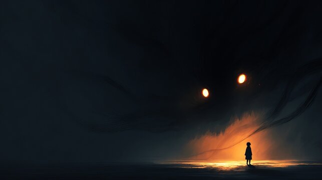 A small child stands alone facing a massive dark shadow monster with glowing orange eyes in a vast empty void