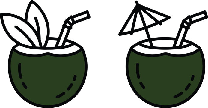 Tropical fresh coconut water drinks vector icon set with drinking straw leaves and cocktail umbrella for summer beach vacation design.