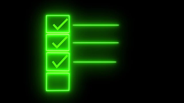 Checklist on the dashed line icon with check marks. Check all the boxes of checklist. Checking a to do list. checklist concept animation on black 4k vido