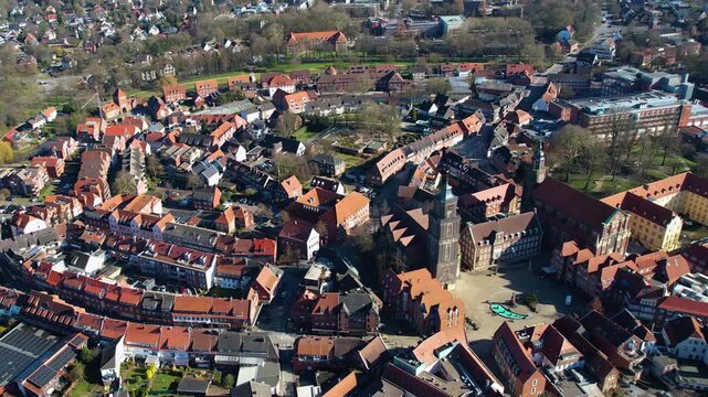 Aerial view beside the old town above the city Coesfeld in Germany, on a sunny afternoon in autumn.