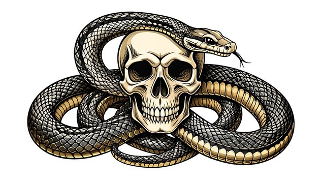 Snake wrapped around human skull symbol.