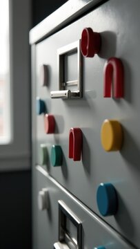 Close-up view of a metal cabinet with colorful knobs and handles