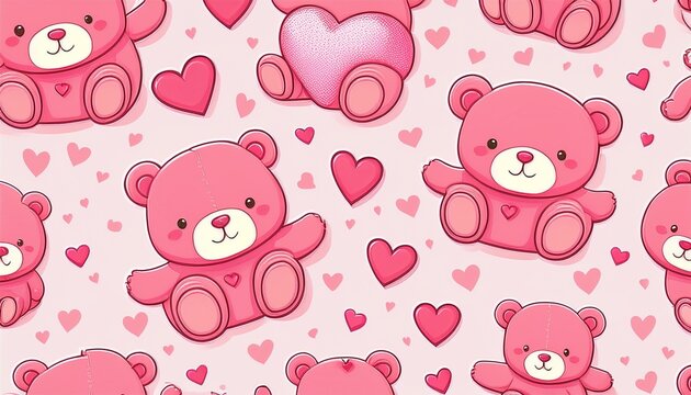 seamless pattern with pink teddy bears and hearts