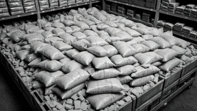 A stack of cement bags resting on a wooden crate, ready for use or transportation