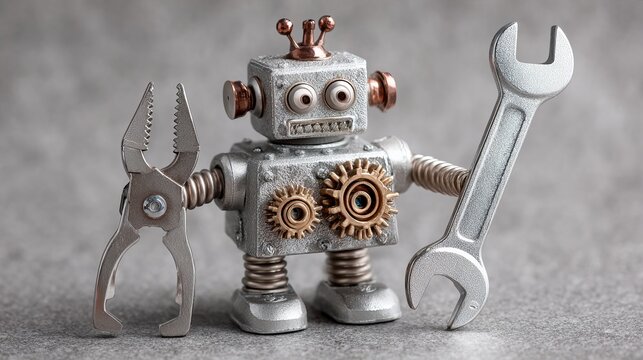 Small vintage silver metal robot holding metal pliers and a wrench for mechanical repair work on a grey textured surface