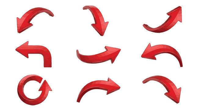 Glossy red 3d vector arrows collection showing various curved directions for modern digital graphic design projects