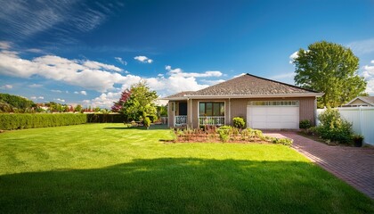 Obraz premium suburban house with garden and porch in green landscape under blue sky