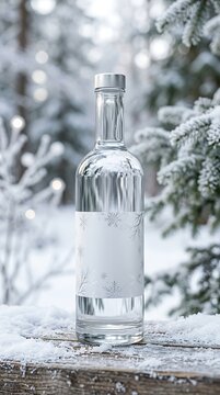 Clear glass bottle with winter snowflake label on a snowy wooden surface
