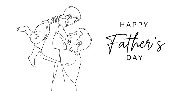 A heartwarming line drawing of a father and son on fathers day isolated on white background