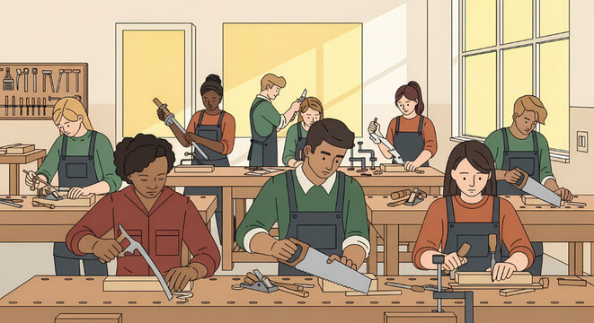 Diverse students in a woodworking workshop class