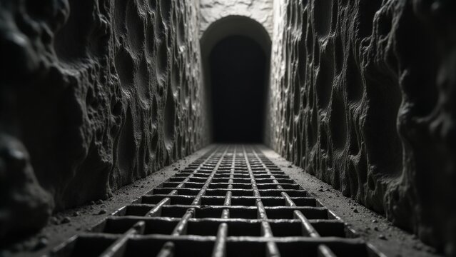 A grated tunnel section with a light shining through, great for highway or infrastructure illustrations