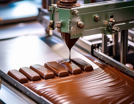 close up of an automated chocolate factory showing a machine applying chocolate to a bar on a conveyor belt in a food production facility modern candy making technology