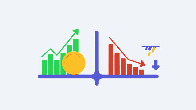 Financial balance scale showing rising and falling stock market graphs with gold coin and downward trend icon