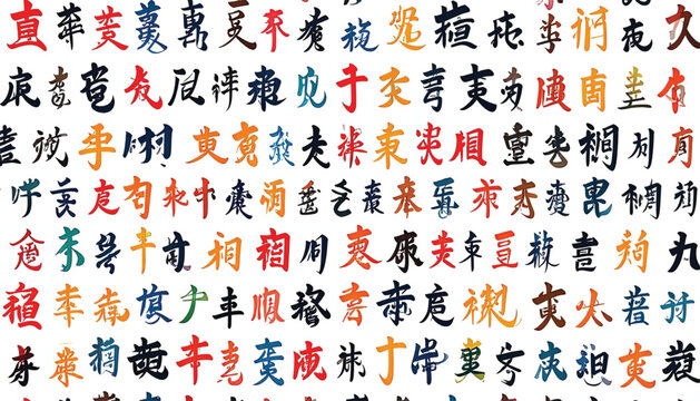 Colorful Chinese characters on white.