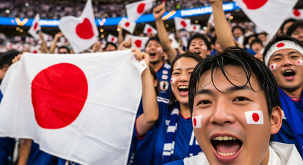 Fototapeta premium Japanese Fans Cheer At Soccer Match, Waving National Flags