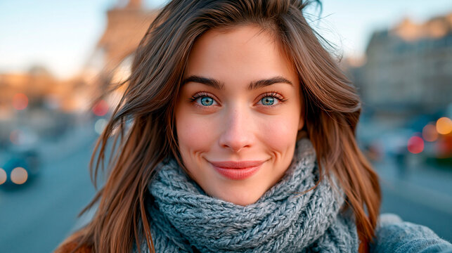 Smiling young woman wearing warm knitted scarf outdoors in paris near eiffel tower during winter with natural light and confident expression