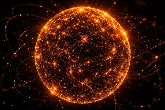 Abstract glowing golden orb with connected light networks on dark background connection technology