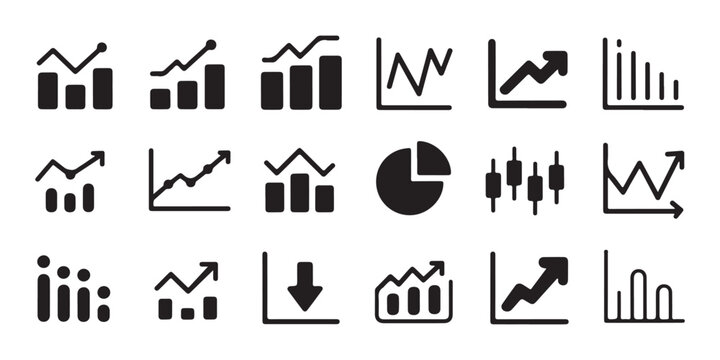 Stock market performance icons with candlestick charts growth graphs arrow indicators and trend line signs.
