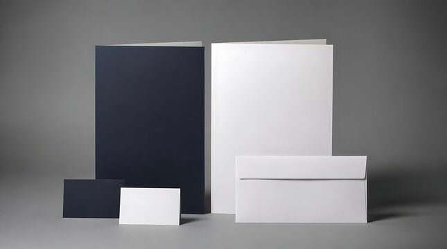 Clean Branding Mockup with Dark Blue and White Stationery Items on Gray Background.