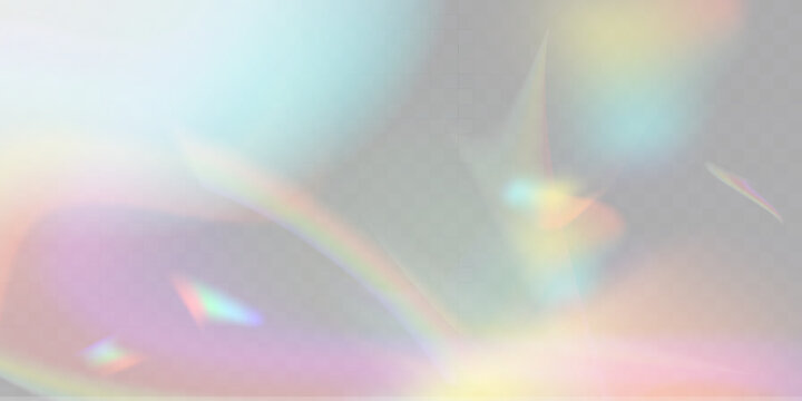 Rainbow light refraction through transparent prism creates stunning crystal sparkle effect with vibrant lens flare and abstract wave patterns on grey background.