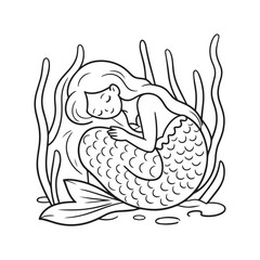 Obraz premium Cute Little Mermaid Sleeping Peacefully Underwater Surrounded By Seaweed Coloring Page.