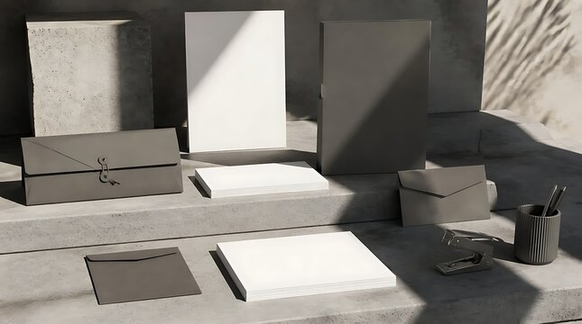 Minimalist Stationery Set with Envelopes and Paper on a Textured Surface.