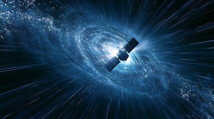Fototapeta premium A smart satellite array is depicted within a dynamic data vortex emitting a brilliant radiant glow