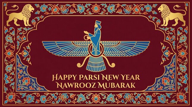 Happy Parsi New Year Nowrooz Mubarak with Faravahar symbol and traditional Persian design.