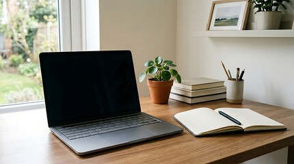 Obraz premium Modern home office workspace with laptop and stationery