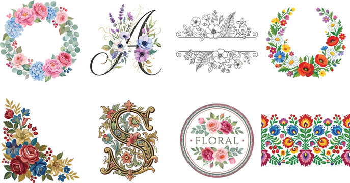 Elegant floral design elements collection featuring wedding wreaths monogram initials botanical borders round labels and folk ornaments