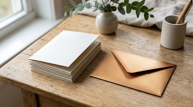 Stack of blank note cards and a metallic gold envelope on a wooden desk