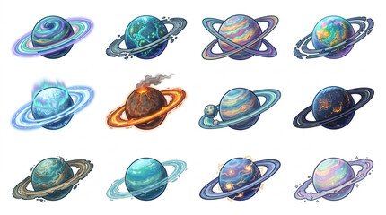 Collection of twelve unique fantasy planets with rings. © Ga