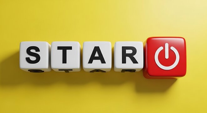 Start word on white blocks with red power button icon, business launch and beginning concept, creative startup motivation on yellow background