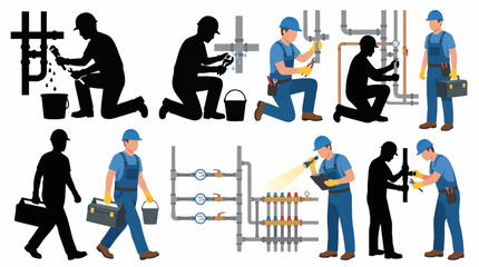 Fototapeta premium Professional vector collection featuring different plumber character poses, repairing pipes, fixing leaks, installing plumbing systems, carrying toolbox, inspecting water systems, maintenance work