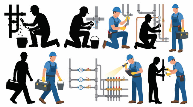 Professional vector collection featuring different plumber character poses, repairing pipes, fixing leaks, installing plumbing systems, carrying toolbox, inspecting water systems, maintenance work
