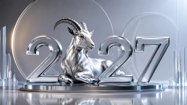 Metallic silver goat resting beside reflective 2027 numbers in a sleek futuristic glass interior, symbolizing the Year of the Goat, modern celebration and an ambitious new beginning