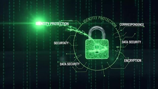 Digital green padlock icon on binary code data background