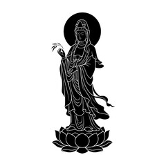 Guanyin icon featuring the goddess of compassion standing gracefully on a lotus flower. Clean vector design symbolizing mercy, peace, mindfulness, and spiritual wisdom.