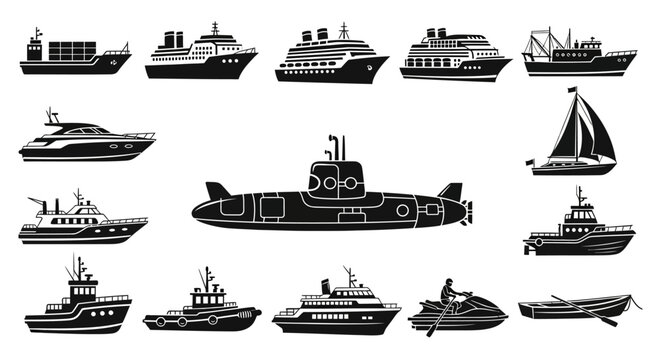 Collection of various boat and ship silhouettes.