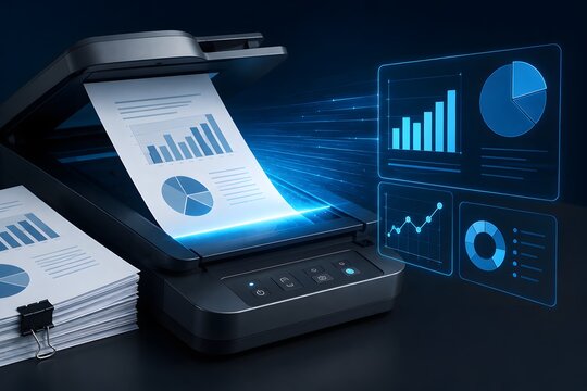 Scanner digitizing documents and creating data visualization for the concept of digital transformation.