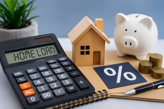 Home loan calculation with piggy bank and house model for the concept of financial planning and savings.