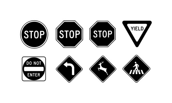 Traffic signs, road signs, stop signs, yield signs, vector icons