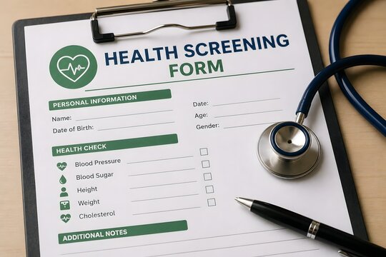 Health screening form with a stethoscope and pen for the concept of medical checkup and healthcare.